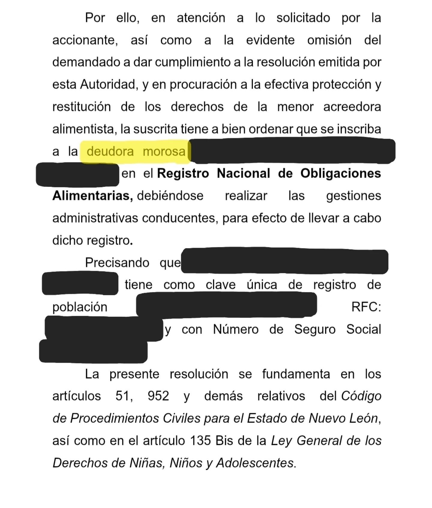 Inscripción de una deudora alimentaria en el Registro Nacional de Obligaciones Alimentarias