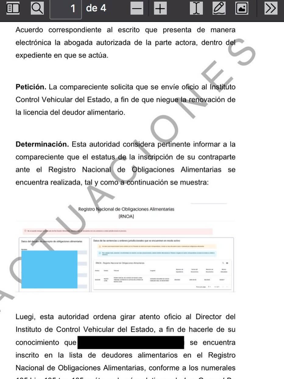 Solicitud al Instituto de Control Vehicular para negar la renovación de licencia a un deudor alimentario