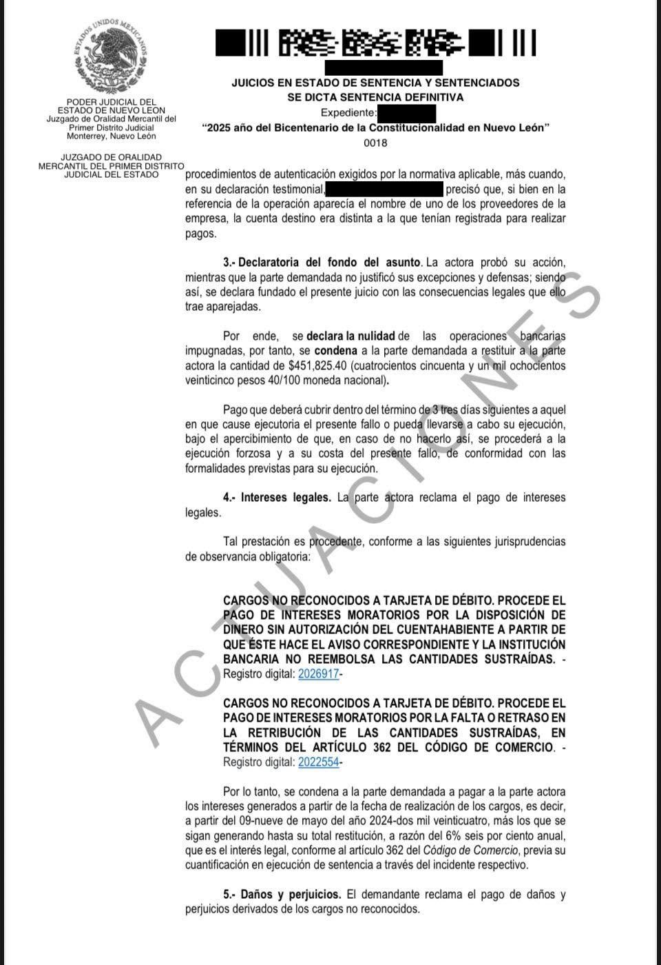 Sentencia definitiva que declara la nulidad de cargos bancarios no reconocidos