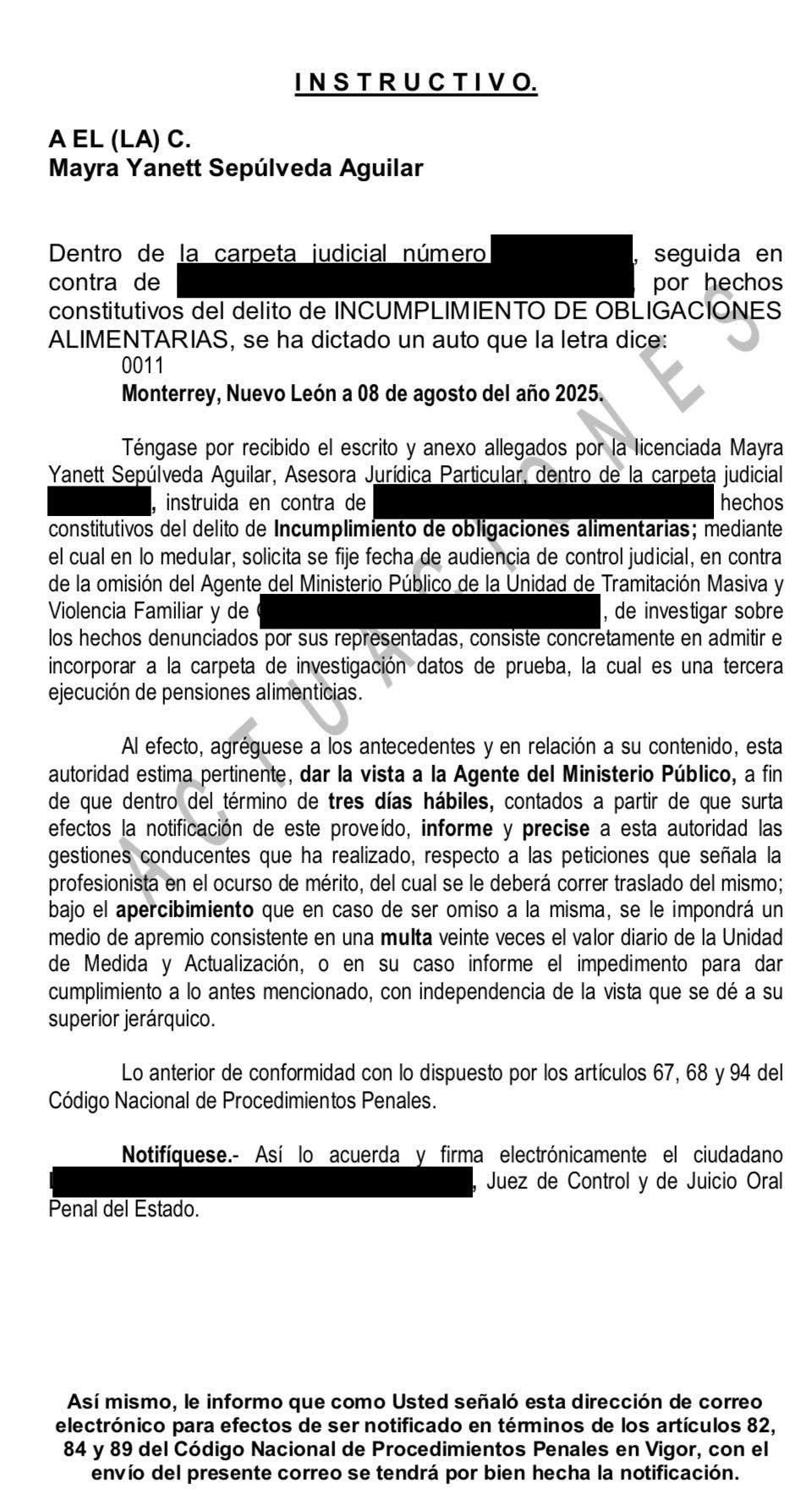 Acuerdo judicial ante la omisión del Ministerio Público en una ejecución de alimentos